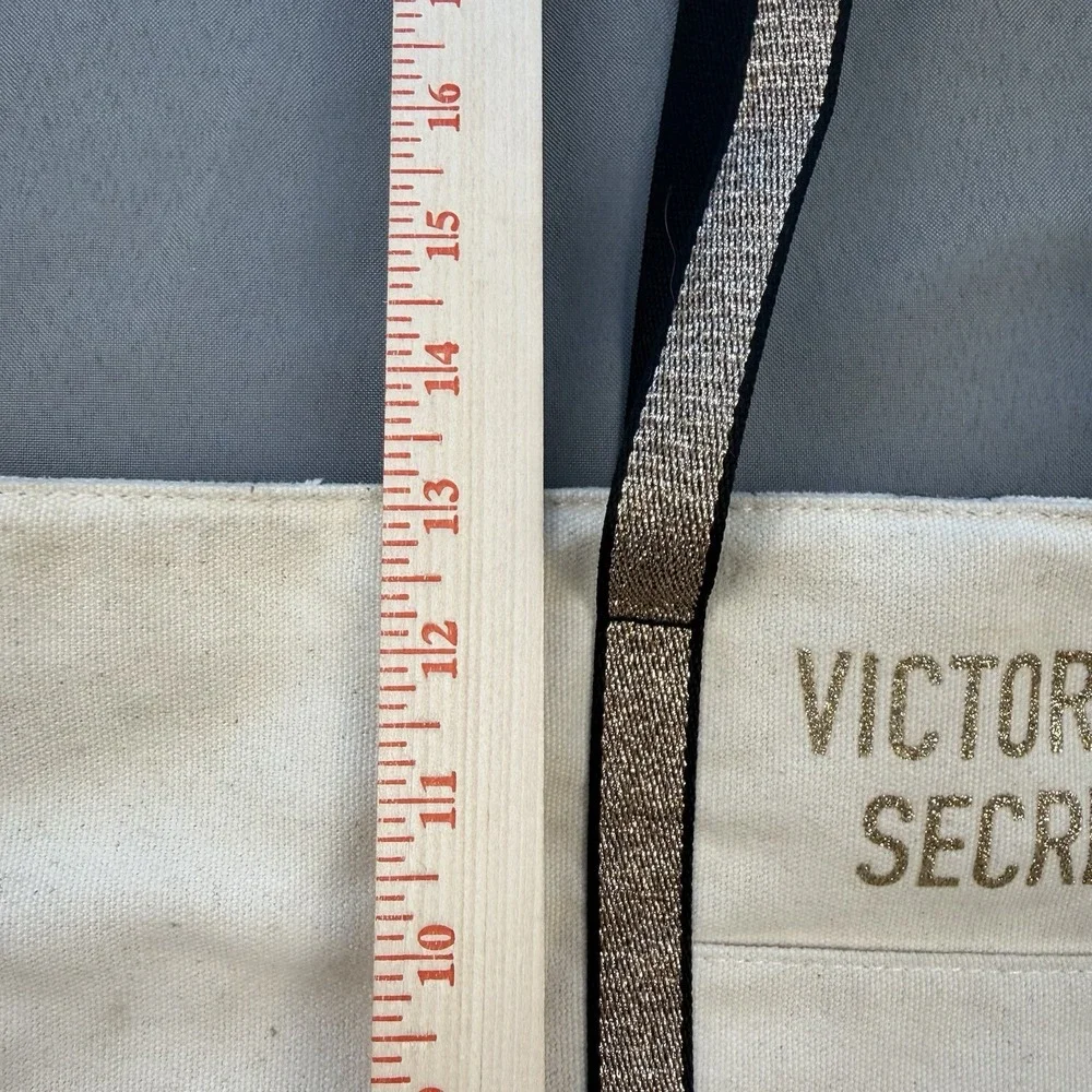 Victoria's Secret Canvas GOLD GLITTER‎ Tote Bag Zip Closure EUC